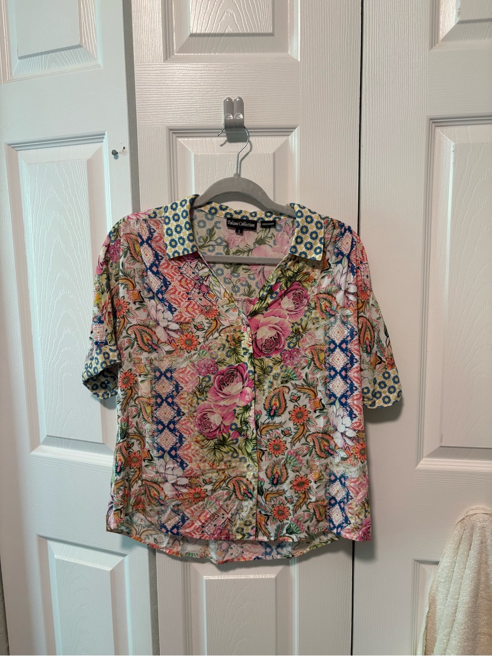 Tolani Pink Multicolor Floral Patchwork Button-Down Top